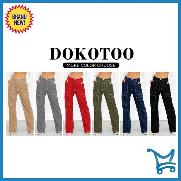 Mid Waist Cargo Jeans Stretch Button Wide Leg Denim Pants - Picture 7 of 8